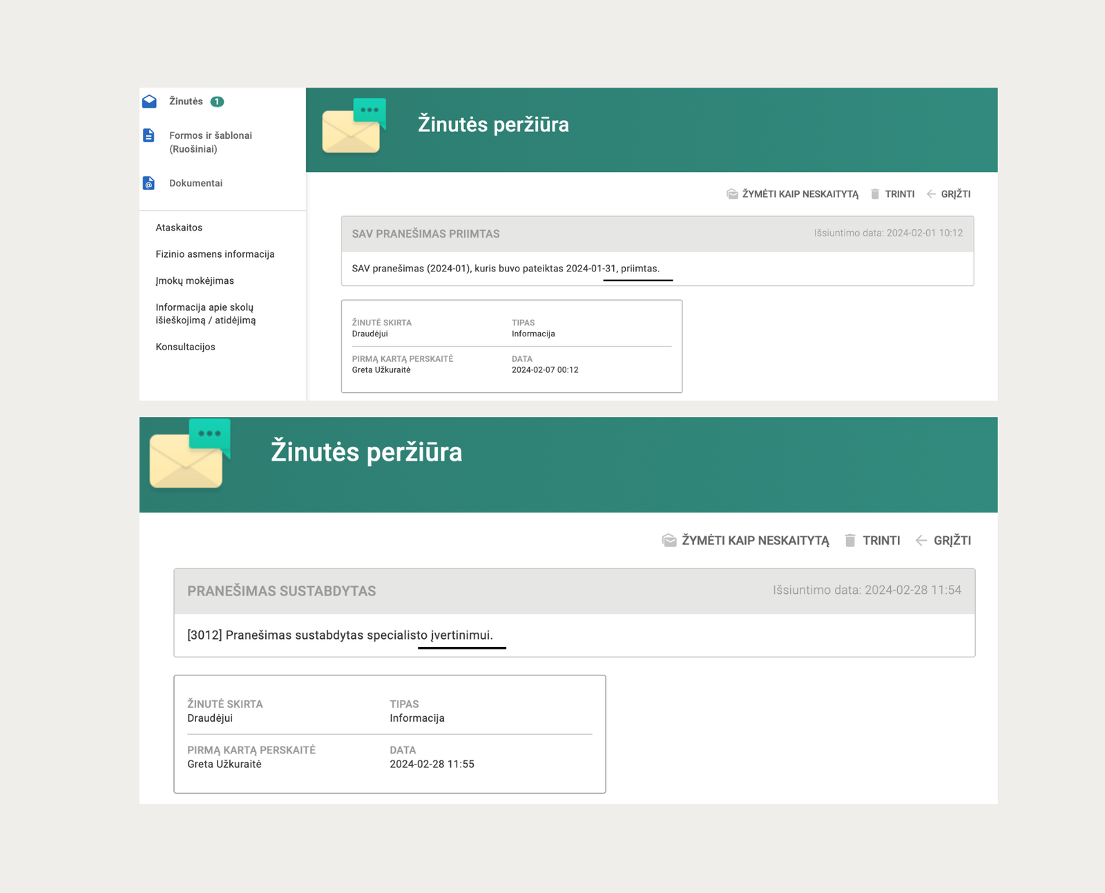 sav pateiktas pranesimas